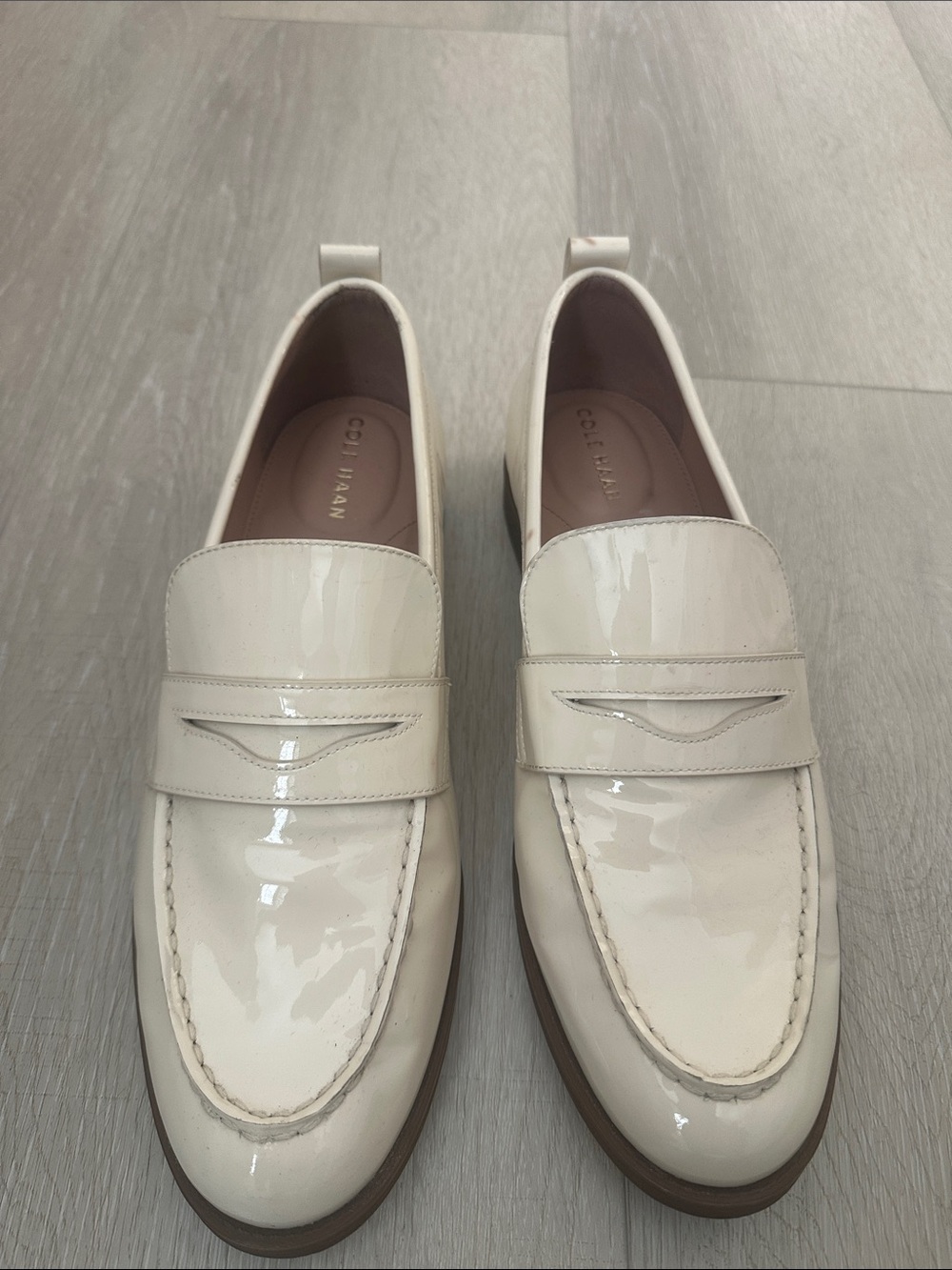 Cole Haan Cream Patent Leather Penny Loafers